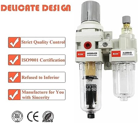 RIH Pneumatics Compressed Air Filter Regulator Lubricator Combo Water/Oil Trap Separator - Gauge(0-150 psi), Semi-Auto Drain, Poly Bowl,Bracket - 3 in 1 Two Unit (1/4“ NPT Auto Drain) - Image 6