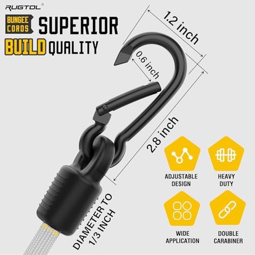 Bungee Cords with Hooks, 48 Inch Adjustable White Bungee Cords with Carabiner Heavy Duty Outdoor, 8mm Thick Easy to Adjust Bungee Rope UV Resistant for Truck Bed, Bike Rack, Camping, 6 Pack - Image 3