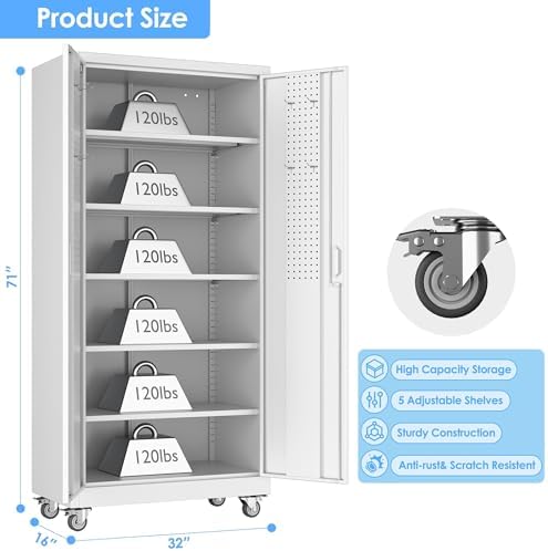 SUXXAN 71" White Metal Storage Cabinet with Wheels, Pegboard and Lock - Image 3