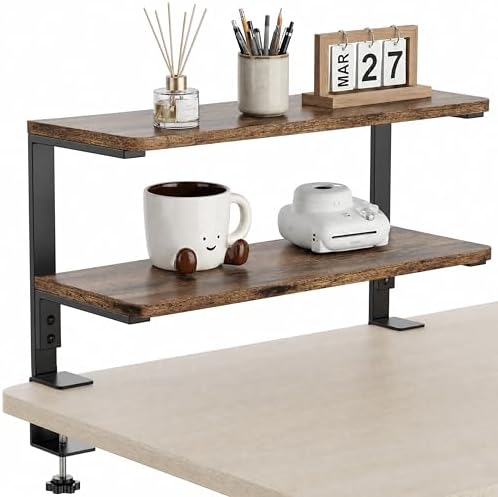 2-Tier Desk Extender, 22-inch Clamp-On Desk Shelf, Height-Adjustable Desktop Shelf Organizer for Monitors Office and Gaming Accessories, Arm Support Table Extension, Dark Brown by ART-GIFTREE