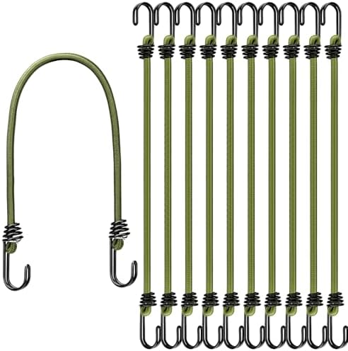 18" Green Bungee Cords with Hooks: 10 Pcs Bungee Cords Heavy Duty Outdoor, Bungie Cord Bundle Assortment with Metal Hook, Bungee Straps for Kayaking, Camping, Garage Storage by ELEAD