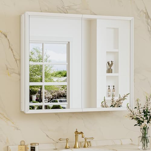 TokeShimi 30 x 26 White Recessed Medicine Cabinet with Mirror, Assembly Required, Bathroom Medicine Cabinet with Mirror, Stepless Adjustable Shelves, Beveled Aluminum Frame, DTC Hinge by TokeShimi