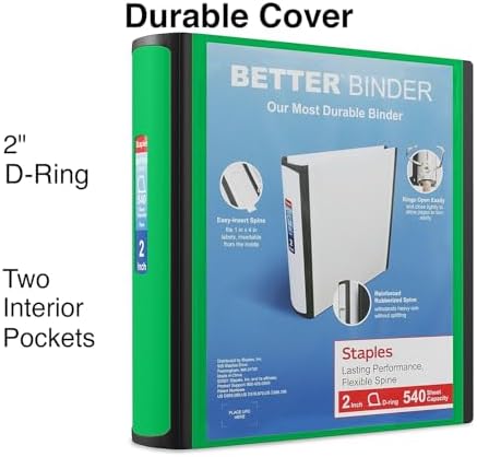 Staples Heavy-Duty 2-Inch D-Ring Binder, Green, Holds 540 Sheets - Image 2