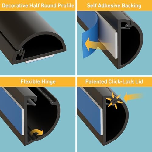 D-Line Half Round Cord Hider, Patented Cable Cover, Hide TV Wall Mount Wires, Raceway for Cords, Decorative Wire Covers, Paintable, Adhesive Cable Concealer, 1x 0.78in W x 0.39in H x 39in L, Black - Image 2