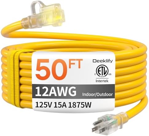 12 Gauge 50 FT Heavy Duty Outdoor Extension Cord Waterproof Yellow by Deeklify