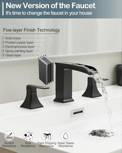 4-16 Inch Waterfall Bathroom Faucet Black, Modern Brass Bathroom Faucets 3 Hole, 2 Handle Widespread Faucet for Bathroom Sink with Pop-up Drain and Supply Hoses - Image 4