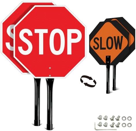 GicnKeuz 2 Pack Stop Slow Sign with Metal Handle, 13x13 inches Double Sided Slow/Stop sign, Traffic Reflective Aluminum Sign, Fade Resistant/Waterproof, Easy to Mount (Red & Orange) by GicnKeuz