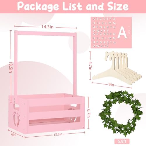 Baby Shower Gifts Basket Wooden Crate, Personalized Wooden Letters and Clothes Hangers New Born Baby Girl Boy Gifts Vine Decorations Cute Closet with Handle Pregnancy Gifts for New Mom Parents Pink - Image 3