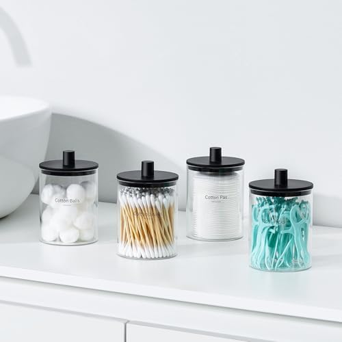 TIPGO Glass Qtip Holder Dispenser - 10 oz Clear Canister Apothecary Jar, Bathroom Vanity Storage Organizer Set for Cotton Swabs, Pads, Floss Picks, Small Containers for Makeup Storage (4 Pack, Black) - Image 6