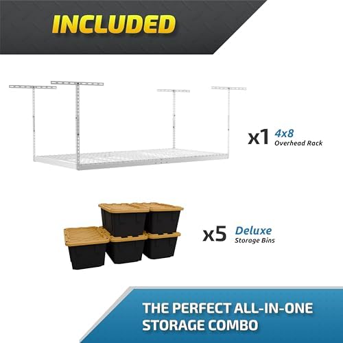 MonsterRAX 4x8 Rack and Bins Bundle | 4’ x 8’ Overhead Rack w/Storage Bins (White, 24"-45") - Image 4
