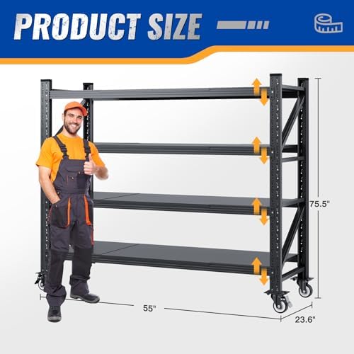 BYNSOE 55" W Storage Shelves with Wheels 3000lbs Garage Metal Shelving Heavy Duty Garage Shelves Adjustable Storage Shelves for Industrial, Factory (Black, 55" W X 23.6" D X 75.5" H) - Image 2
