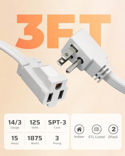DEWENWILS 3FT Extension Cord, 3-Prong Flat Plug, 14/3, SPT-3, 2 Pack - Image 2