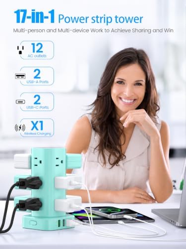 Power Strip Tower with Wireless Charger, Flat Plug Surge Protector Tower with 6FT Extension Cord, 12 AC Multiple Outlets, 4 USB (2 USB C),15W Wireless Charging Power Tower for Home Office Dorm, Blue - Image 6