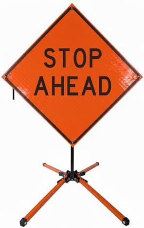 Traffic Roll-Up Sign Kit with Stand – Collapsible Safety Sign & Heavy-Duty Portable Stand, High Visibility, Easy Setup (Stop Ahead, Reflective) by EASTERNMETALSIGNSANDSAFETY