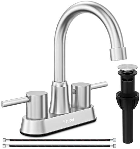 Bathroom Faucets, Bathroom Faucet 3 Hole, Bathroom Sink Faucet, Faucet for Sink 4 Inch 2 Handle Centerset, Lead-Free, with Copper Pop Up Drain (Brushed Nickel) by Ifaucet