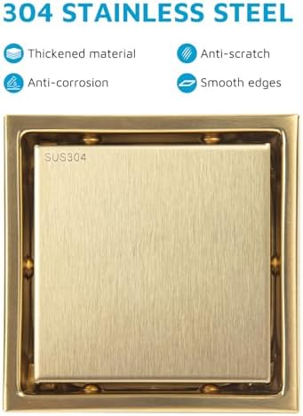 Square Shower Drain with Flange, 4 Inch, Brushed Gold, 2-in-1 Grate - Image 3