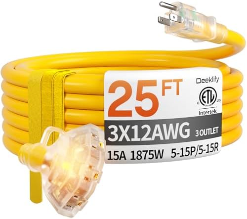 25 FT 12 Gauge Heavy Duty Extension Cord with Multiple Outlets by Deeklify