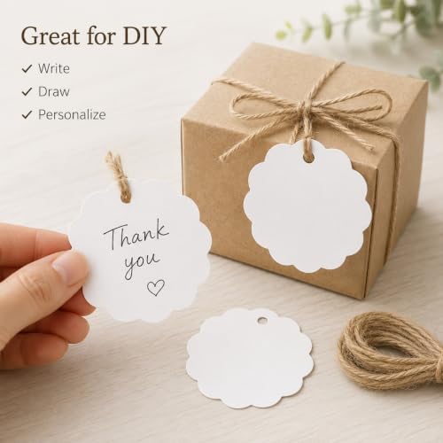 G2PLUS 100PCS Scalloped Tags with Twines,2.4 in Round White Paper Tag - Image 4