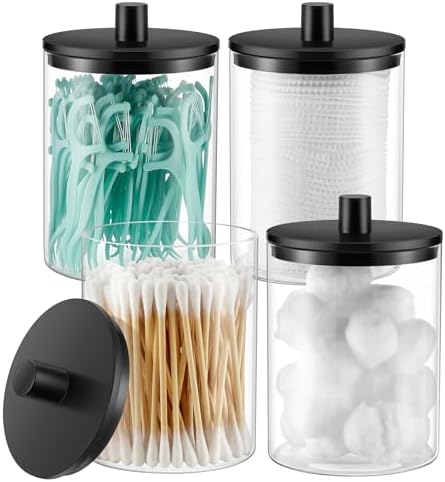 TIPGO Glass Qtip Holder Dispenser - 10 oz Clear Canister Apothecary Jar, Bathroom Vanity Storage Organizer Set for Cotton Swabs, Pads, Floss Picks, Small Containers for Makeup Storage (4 Pack, Black) by TIPGO