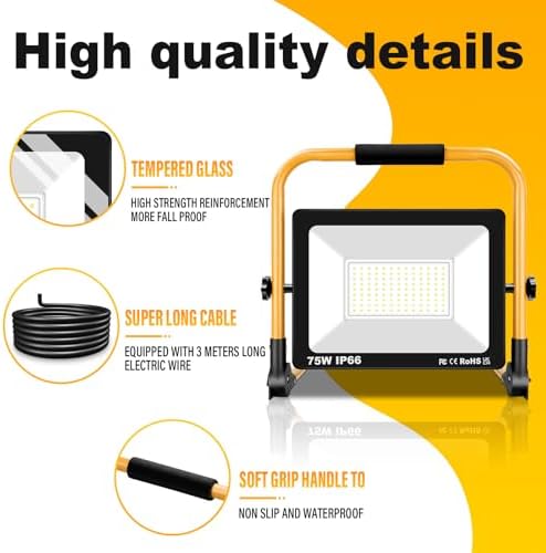 Willpower Portable LED Work Light 75W Job Site Lights 7500LM IP66 Waterproof Construction Floodlights Outdoor with Stand 6000K Daylight White for Camping Workshop Garage with 3.5m Wire Plug - Image 3