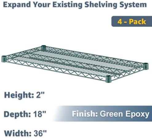 600 lb Capacity 18" x 36" NSF Wire Shelves 4-Pack Green, High Load Metal Storage Rack Add-On Kit - Image 2