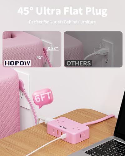 HOPOW Pink Extension Cord, 6 FT Flat Plug Power Strip, 4AC&2A2C, 1625W/13A - Image 3