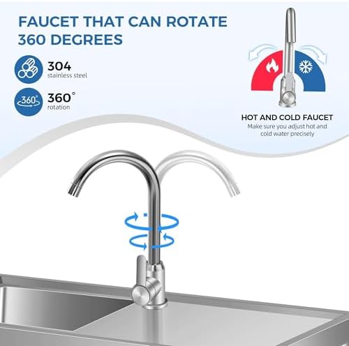 Stainless Steel Utility Sink with Faucet & Workbench, Commercial Freestanding Single Bowl Sink with Hot & Cold Water Pipes, Storage Shelf for Restaurant, Kitchen, Garage, Laundry, Outdoor (30in) - Image 3