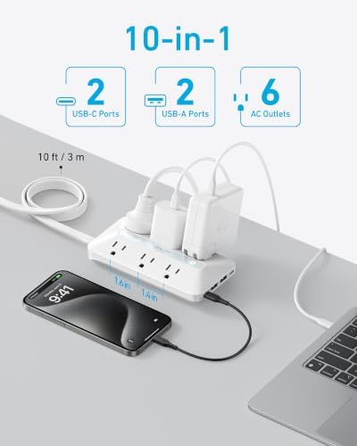 Anker Power Strip with 300J Surge Protector, 10ft Outlet Extender, 20W, 6AC - Image 3