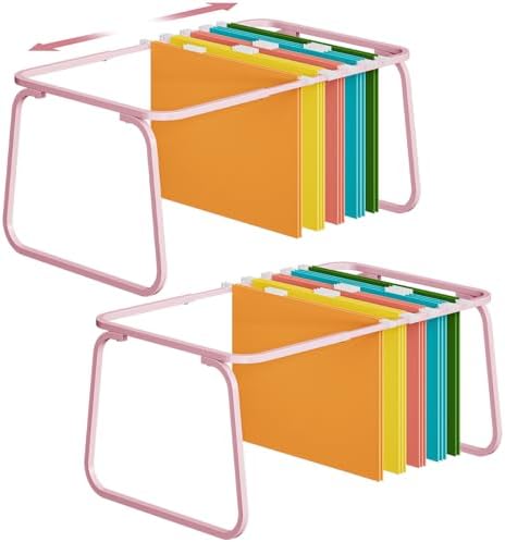 Marbrasse Hanging File Folder Frame, Adjustable Letter Size File Holder 16-25 Inches, Metal File Cabinet Rails for Office, Home, School, 2P(Pink) by Marbrasse