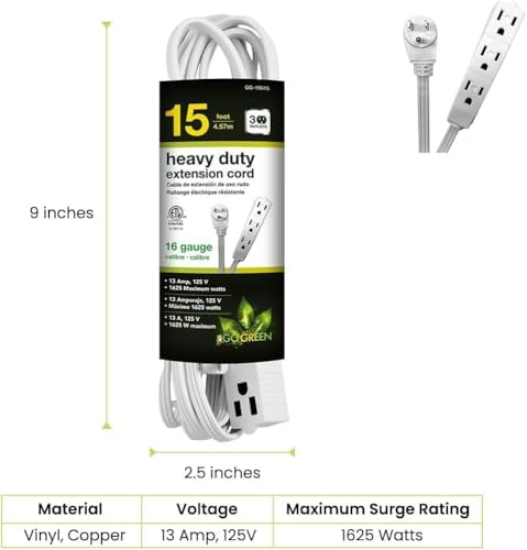 GoGreen Power Inc. (G-19615-2) 16/3 15' 3-Outlet Extension Cord, White, 15ft, 2 Pack - Image 2