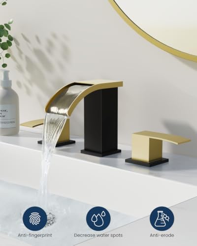 gotonovo Waterfall Bathroom Faucet 3 Hole Square Body,Brushed Gold&Black - Image 2