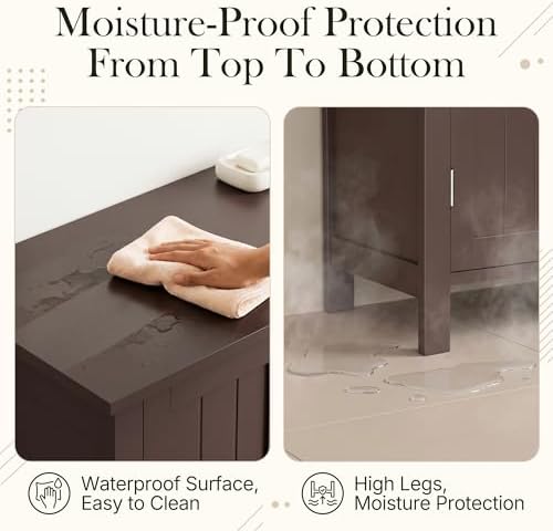 SUPER DEAL Modern Bathroom Floor Storage Cabinet with Adjustable Shelf and Double Door Rust Proof, Living Room Modern Home Furniture Storage Organizer Cabinet, Brown - Image 6