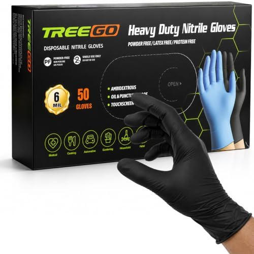 TREEGO Black Nitrile Disposable Gloves, Large, 6 Mil, 50 Count by Treego