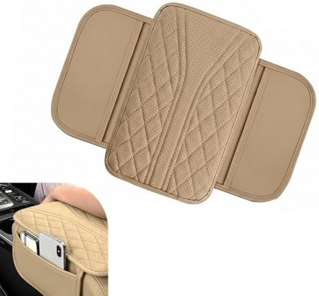 Microfiber Leather Car Armrest Cushion Pad, 11.81"x17.60" Center Console Cover with Dual Side Storage Pockets, Breathable Arm Rest Protector Fit for Sedan, SUV & Truck Interior (Beige) by Unknown