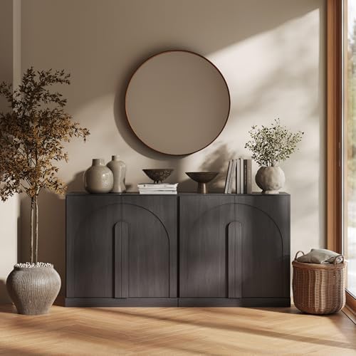 BELLEZE Set of 2 Modern Sideboard Buffet Cabinets (63" Wide)-Large Sideboard Credenza with Arched Doors-Seamless Hidden Organization Console for Living Area-Ebony by BELLEZE