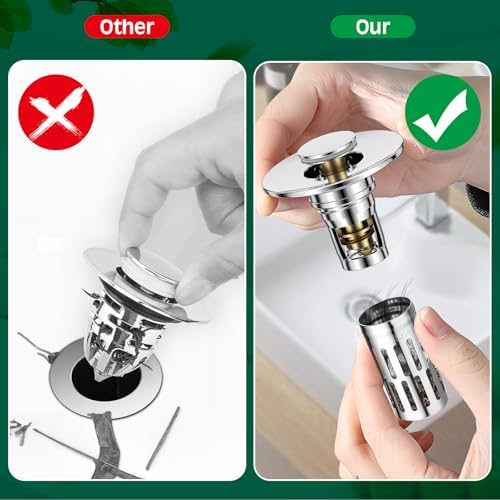 Vodolo 3 in 1 Sink Drain Strainer with Hair Catcher,8PCS Stainless Steel Popup Sink Stopper with Basket for Bathroom Kitchen Shower,Pop-up Bounce Core Floor Basin Drain Filter,Replacement Sink Plug - Image 3