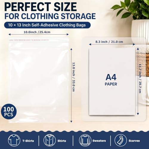 Self Sealing Cellophane Bags for Shirts, 100Pcs 10x13 Inch Clear Poly Bags - Image 2
