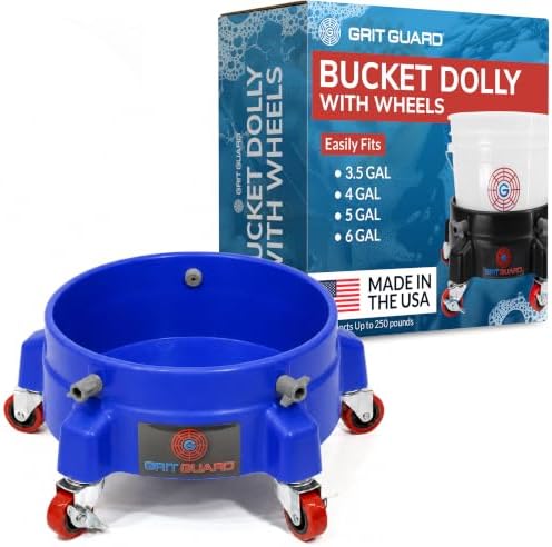 GRIT GUARD Bucket Dolly with Wheels - Rolling Detailing Wash Bucket with 5 Wheels and 2 Locking Casters Compatible with 2.5, 4, 5 and 6 Gallon Buckets (Blue, 2" Red Casters) - Made in the USA by GritGuardInc