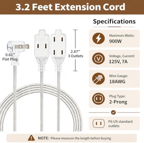Clear Extension Cord 3.2FT, 3 Outlets, 0.6-Inch Flat Plug, 1 Pack - Image 5