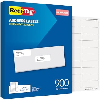 Redi-Tag 1" x 2.63" Address Labels, 900 per Pack, White, Laser and Inkjet Printer Labels, 1" x2-5/8, Self-Adhesive, Permanent Stick, Smudge-Resistant, Perfect for Mailing, Office, and Home Use by Redi-Tag