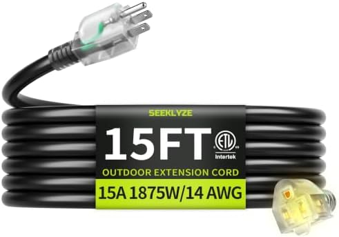 14AWG 15FT Outdoor Extension Cord, Heavy Duty with Lighted End by Seeklyze