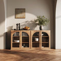 BELLEZE 3 Tier Bookshelf with Arched Glass Door, Set of 2 Modern Display Bookcase Shelf with Storage and Adjustable Shelves, 65'' Wood Bookshelves for Living Room Office Entryway (Camel) by BELLEZE