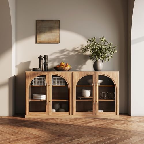 BELLEZE 3 Tier Bookshelf with Arched Glass Door, Set of 2 Modern Display Bookcase Shelf with Storage and Adjustable Shelves, 65'' Wood Bookshelves for Living Room Office Entryway (Camel) by BELLEZE