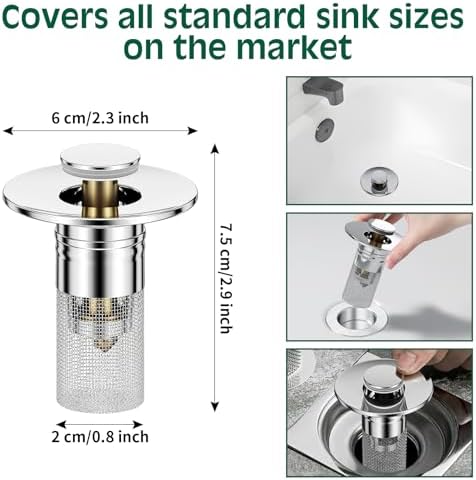 Vodolo 3 in 1 Sink Drain Strainer with Hair Catcher,2PCS Stainless Steel Popup Sink Stopper with Basket for Bathroom Kitchen Shower,Pop-up Bounce Core Floor Basin Drain Filter,Replacement Sink Plug - Image 3