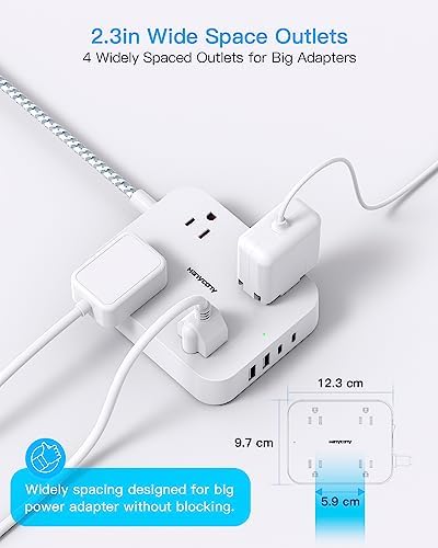 10 Ft Extension Cord, Flat Power Strip with 4 Outlets 4 USB Ports (2 USB C) - Image 5