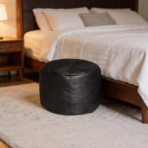 Thgonwid Unstuffed Faux Leather Pouf Cover, Handmade Footstool Ottoman Storage Solution, Floor Footrest Cushion - 16.5" Dx12 H, Pure Black - Image 7