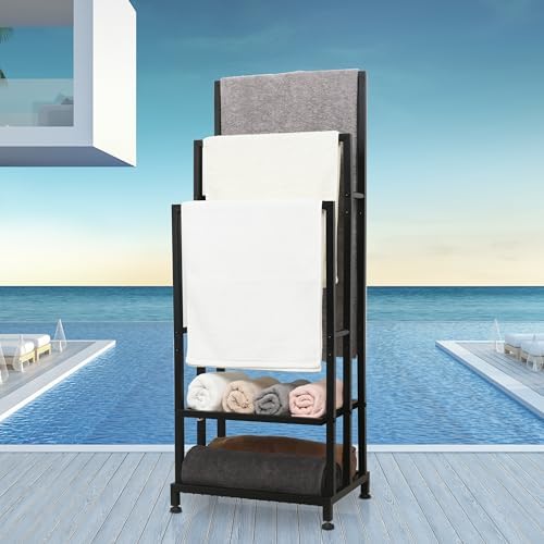 ZOES HOMEWARE Heavy Duty Pool Towel Rack for Outdoor | 3 Tier Free Standing Towel Rack with 2 Storage Shelves | Anti-Rust Stand Rack for Outdoor,Pool &Bathroom | Black, 41"x16"x12" by ZOESHOMEWARE