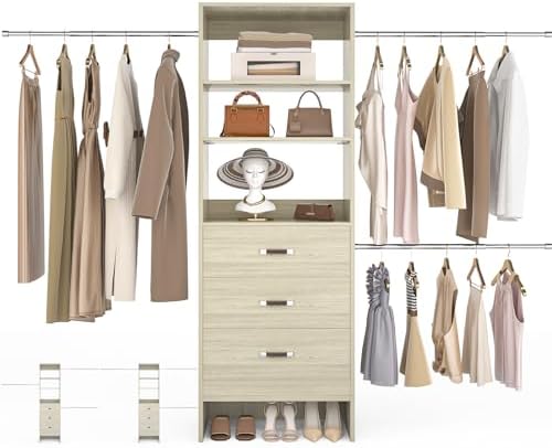 Besiost 96'' Closet Organizer System with 3 Hanging Rods, 8FT Closet Organizers and Storage with 3 Wooden Drawers, Built in Closet Organizer Systems, Adjustable Walk-in Wardrobe from 2-8FT, White Oak by Besiost