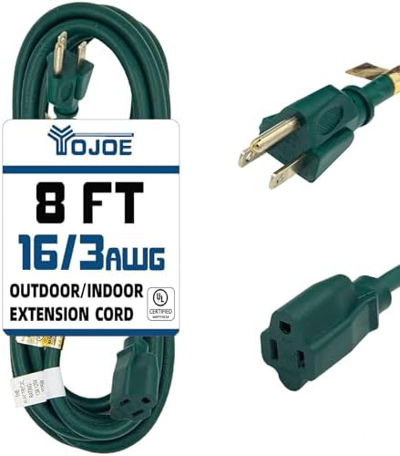 YOJOE Indoor Outdoor Extension Cord, 3 Prong 13A Weatherproof Power Cord, 16 Gauge Heavy Duty 8 ft Green Extension Cord for Garage, Garden and Home, 16/3 SJTW UL Certified by YOJOE