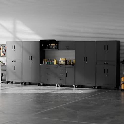Black Garage Storage Cabinets System 8 PCS Workshop Set with Drawers Locking Heavy Duty Rolling Cart with Adjustable Shelves Garage Tool Workbench Cabinets 8 PCS167 - Image 6